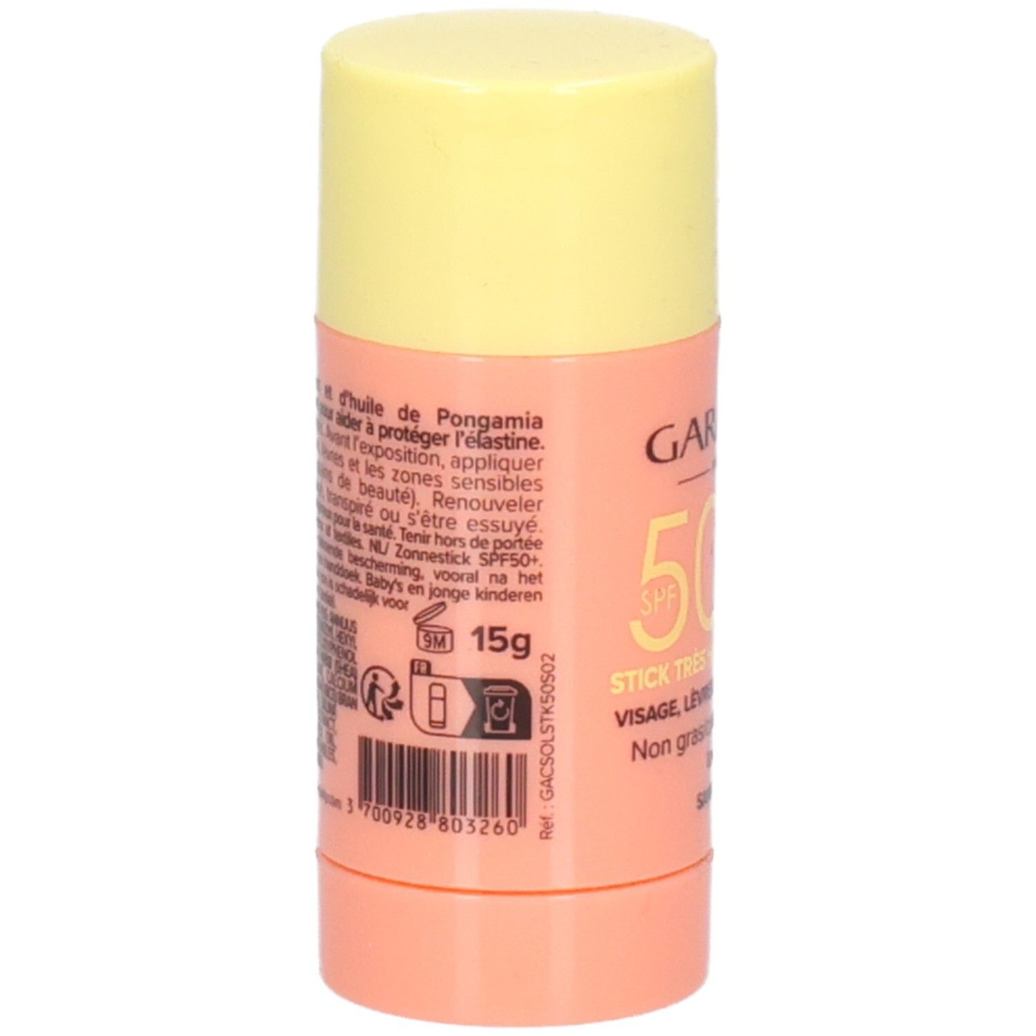 Stick solaire GARANCIA, avec bouchon jaune et corps rose. Inscription: 15g, ingrédients, instructions d'utilisation, code-barres.
