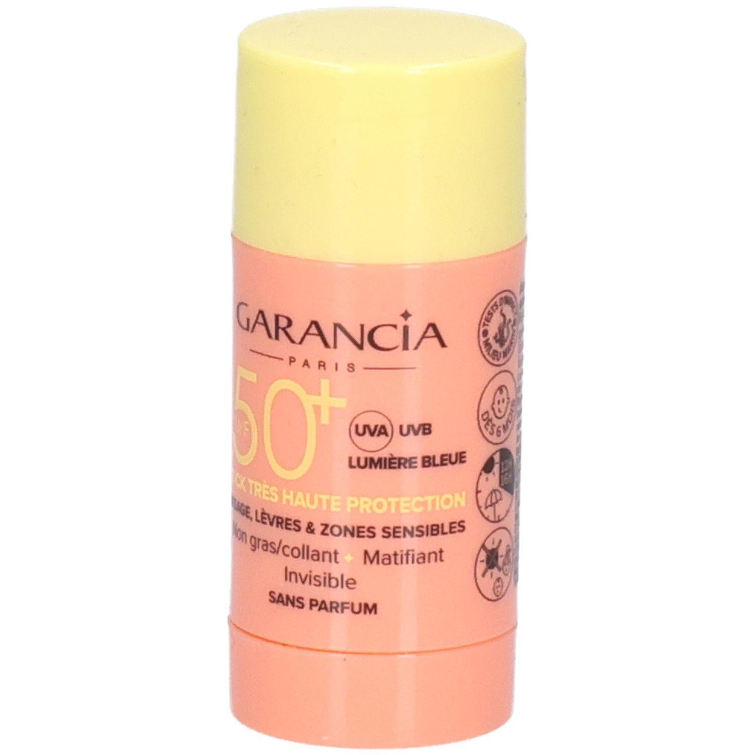 Stick solaire GARANCIA, SPF 50+, avec bouchon jaune et corps rose. Inscription: STICK TRES HAUTE PROTECTION, visage, lèvres.