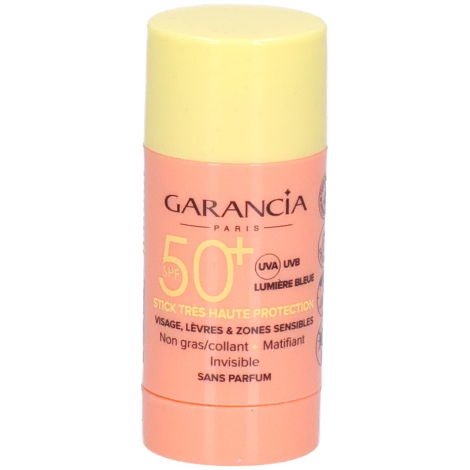 Stick solaire GARANCIA, SPF 50+, avec bouchon jaune et corps rose. Inscription: STICK TRES HAUTE PROTECTION, visage, lèvres.