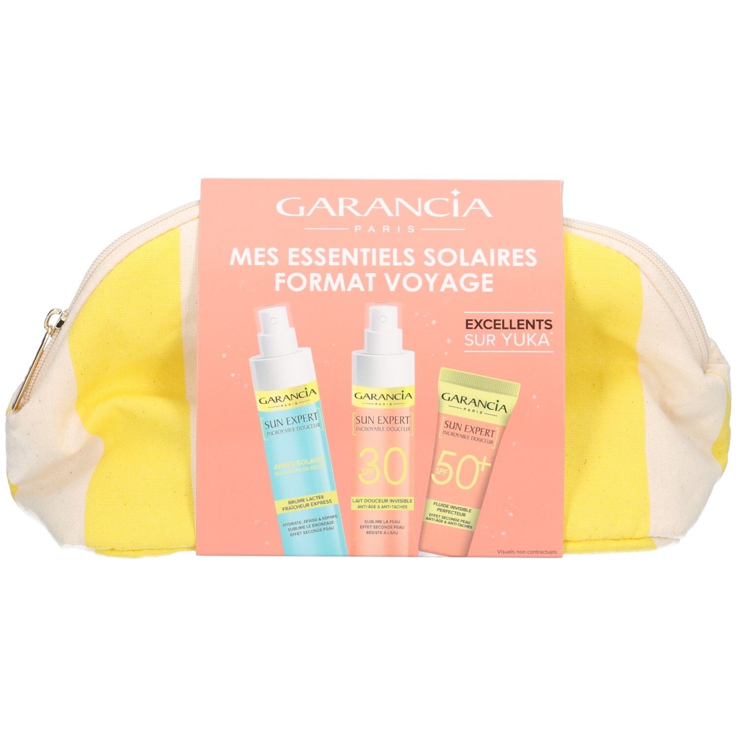 Set GARANCIA « Mes essentiels solaires format voyage » : trousse avec trois produits solaires.