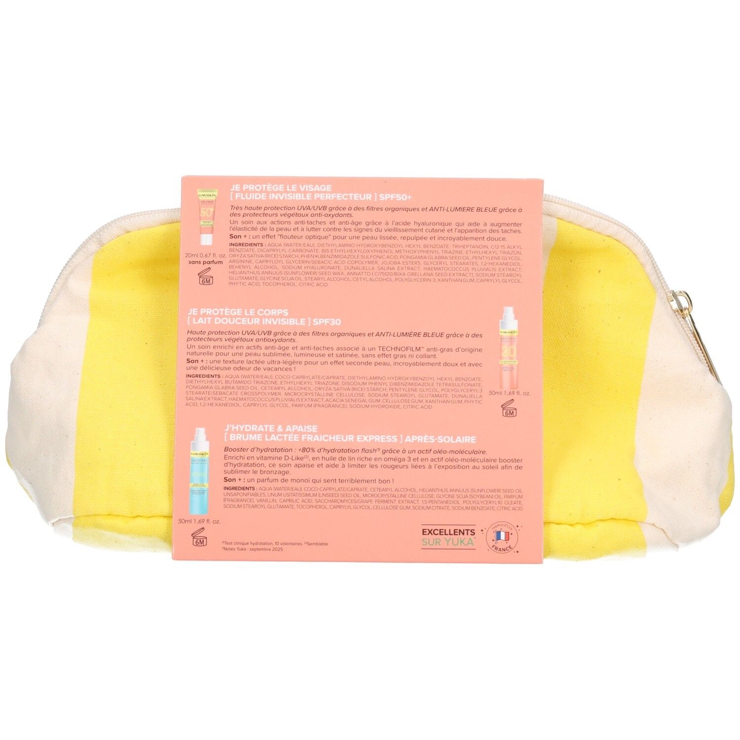 Dos du set GARANCIA : informations sur trois produits solaires, trousse.