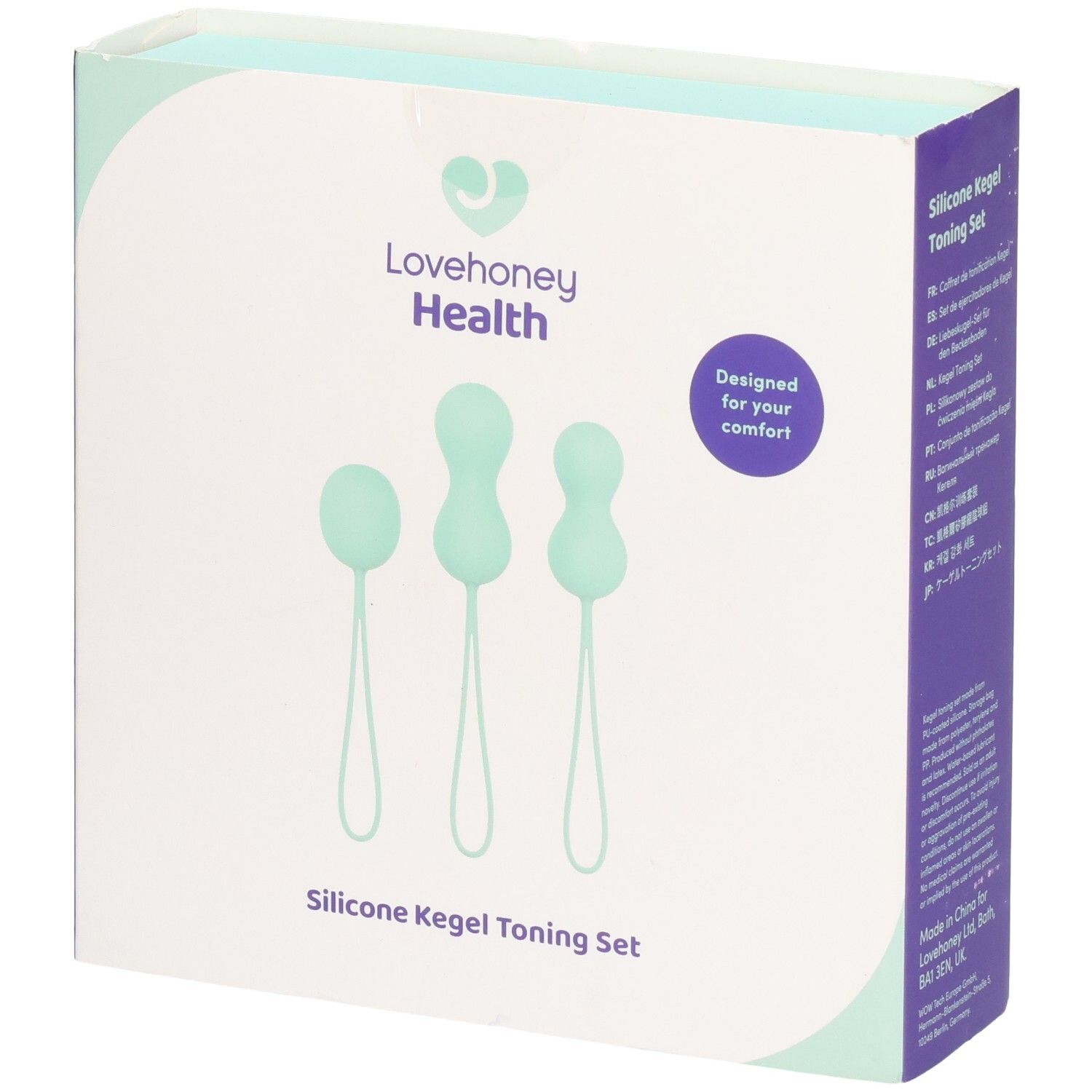Boîte du set de tonification LOVEHONEY Health. Trois boules de Kegel menthe avec boucles. Inscription : Silicone Kegel Toning Set.