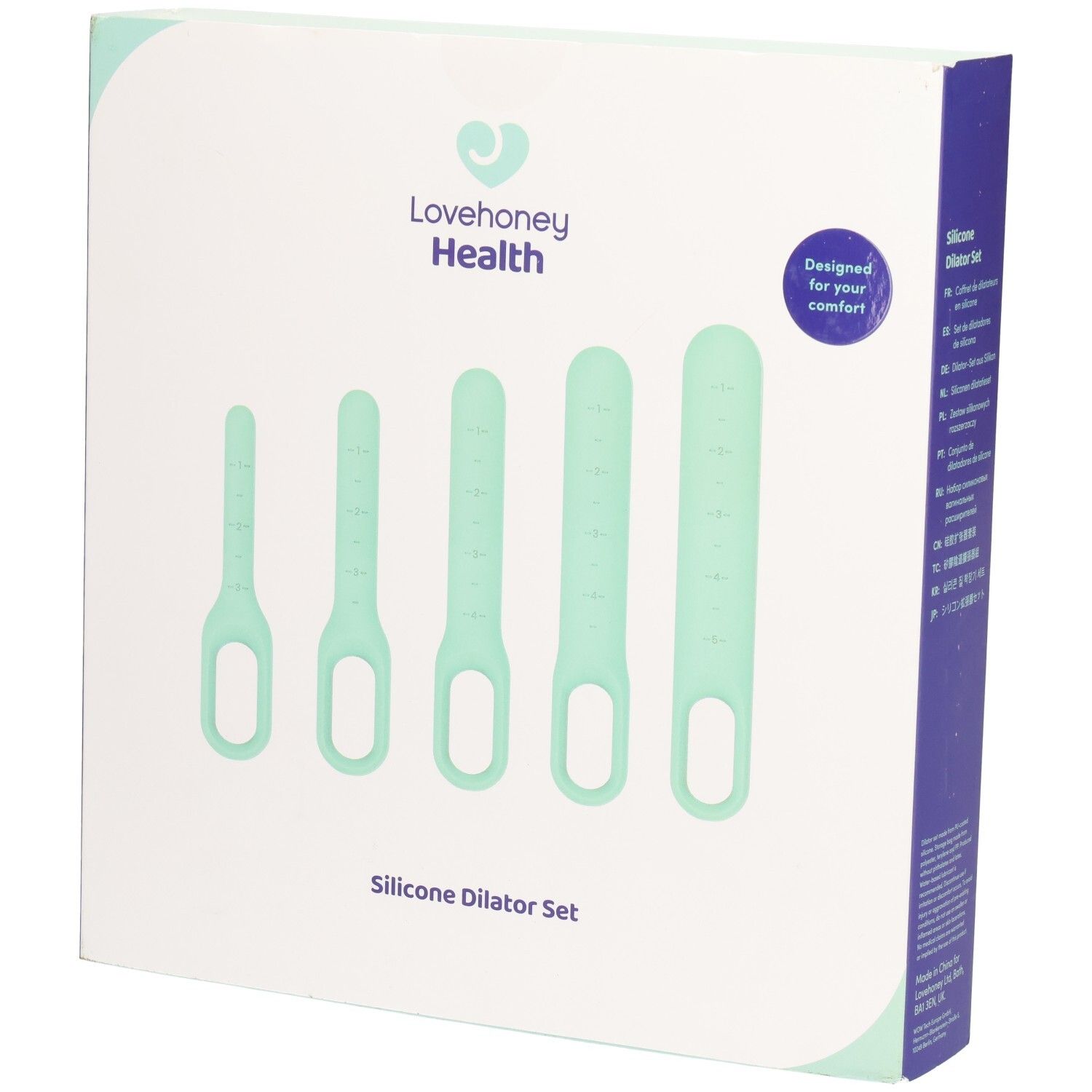 Boîte contenant cinq dilatateurs en silicone vert menthe. Marque : Lovehoney Health. Inscription : Silicone Dilator Set.