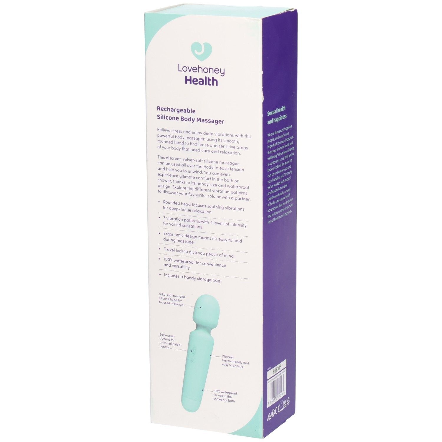 Emballage du masseur. Texte : Lovehoney Health. Texte : Rechargeable Silicone Body Massager. Description des caractéristiques du produit.