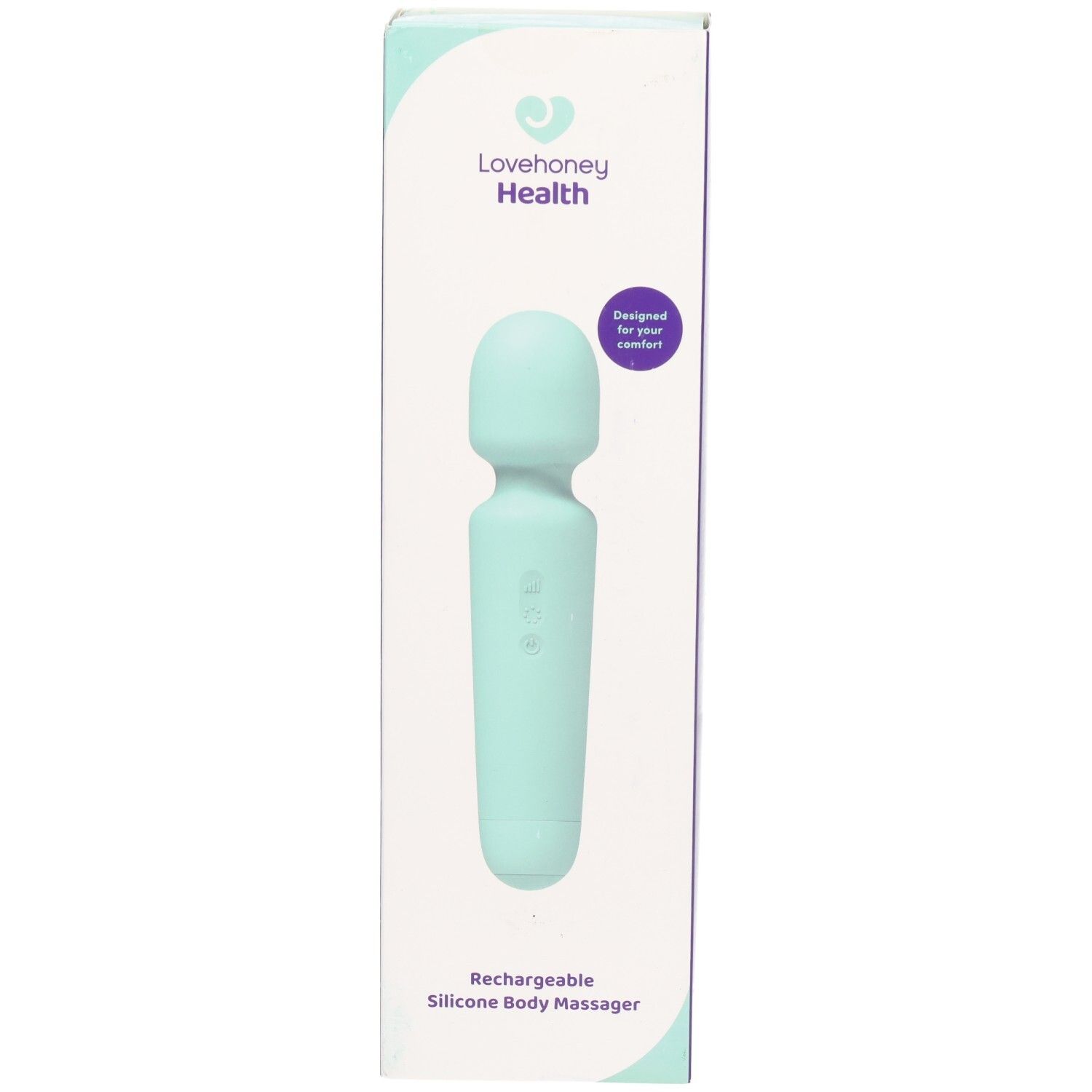 Masseur corporel rechargeable en silicone turquoise dans son emballage. Marque : Lovehoney Health. Texte : Rechargeable Silicone Body Massager.