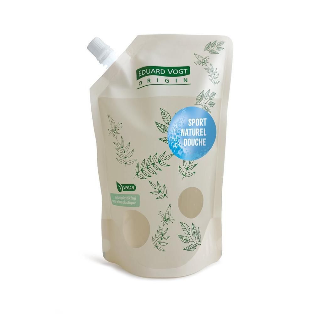 Recharge avec bouchon blanc. Inscription: Eduard Vogt Origin, Sport Naturel Douche. Illustrations de feuilles vertes et logo Vegan.