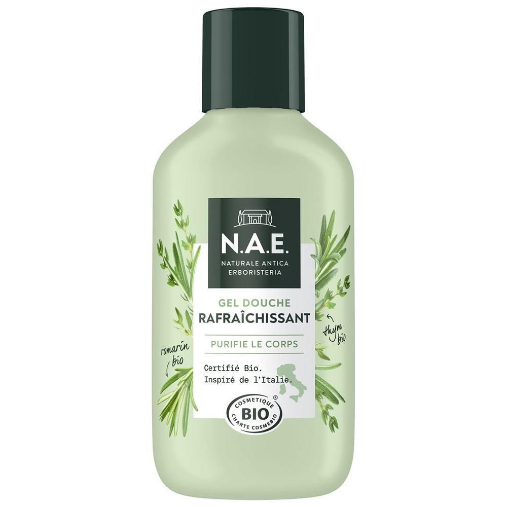 Gel douche vert avec bouchon vert foncé. Inscription: N.A.E. Gel Douche Rafraîchissant. Certification bio. Drapeau italien.