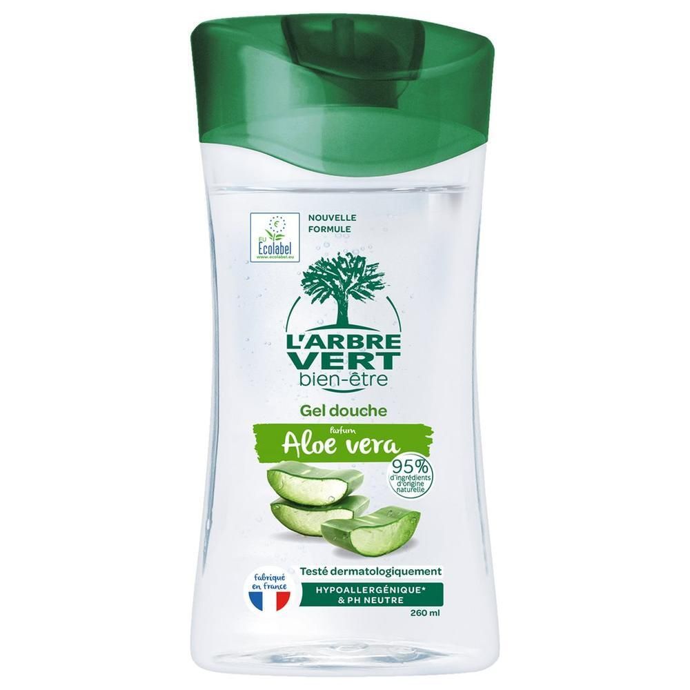 Gel douche Aloe vera. Flacon transparent, bouchon vert. Logo L'ARBRE VERT bien-être. 95% d'ingrédients d'origine naturelle.