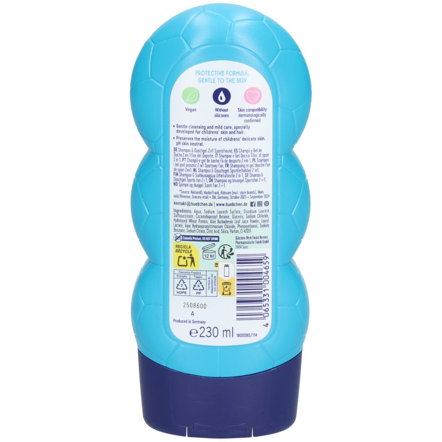 Dos du flacon bleu clair. Texte: Protective Formula, Gentle to the skin. Informations sur les ingrédients et le recyclage. Volume: 230 ml.