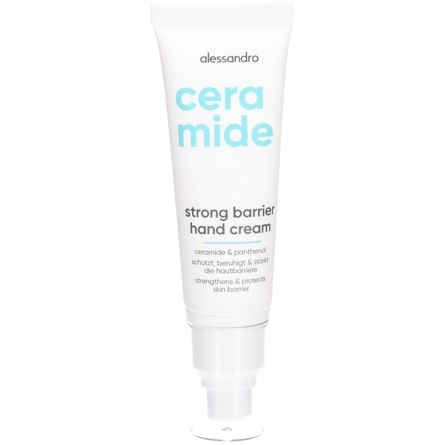Tube blanc avec le mot "ceramide" en bleu. "Alessandro" et "strong barrier hand cream" sont également visibles.