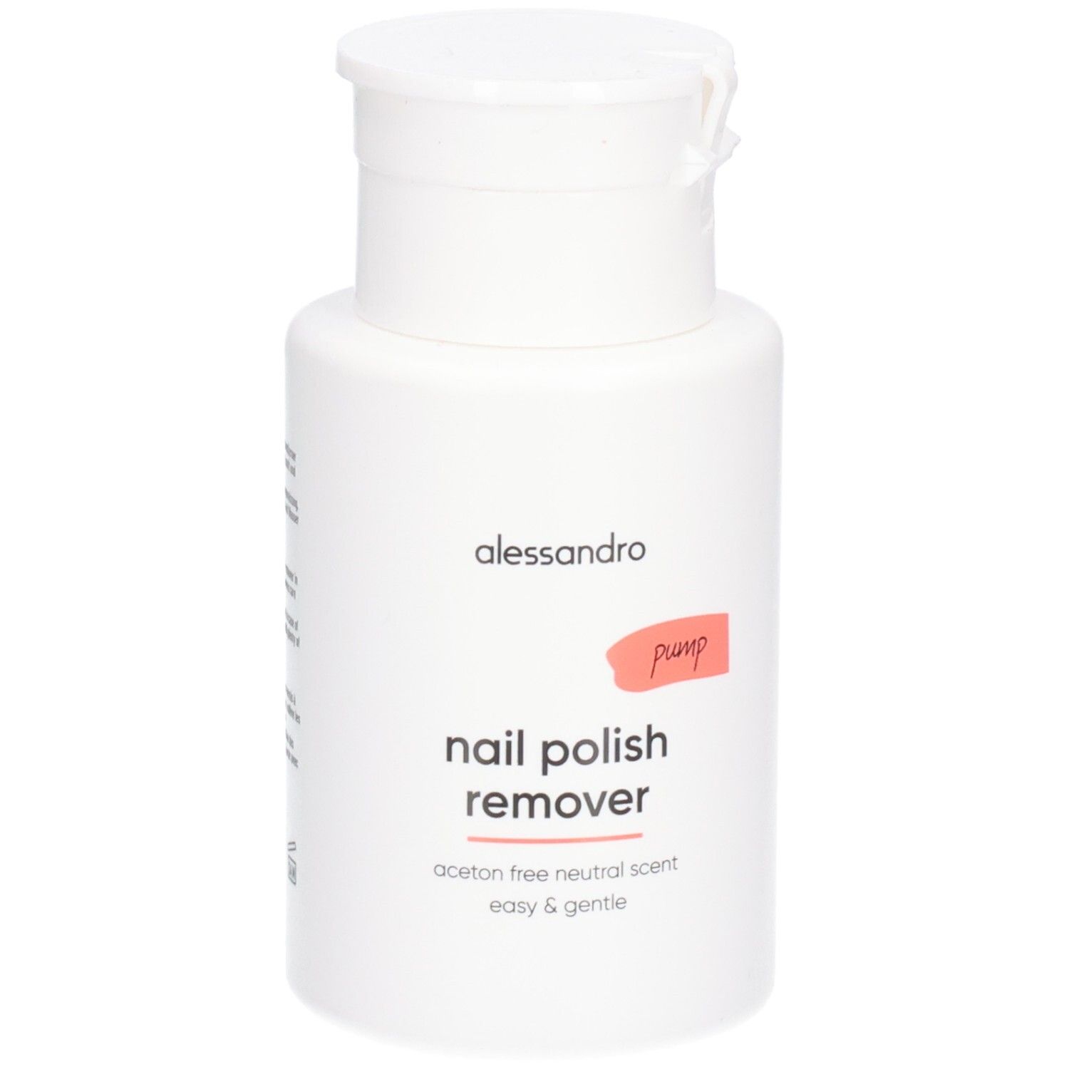 Flacon blanc avec bouchon rabattable. Inscription: alessandro, nail polish remover, pump. Sans acétone, parfum neutre.
