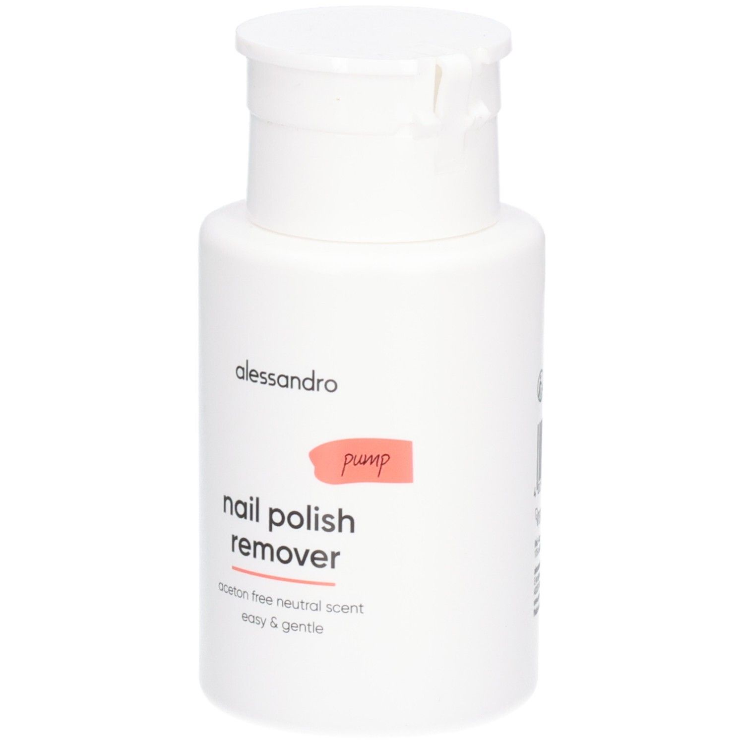 Flacon blanc avec bouchon rabattable. Inscription: alessandro, nail polish remover, pump. Sans acétone, parfum neutre.