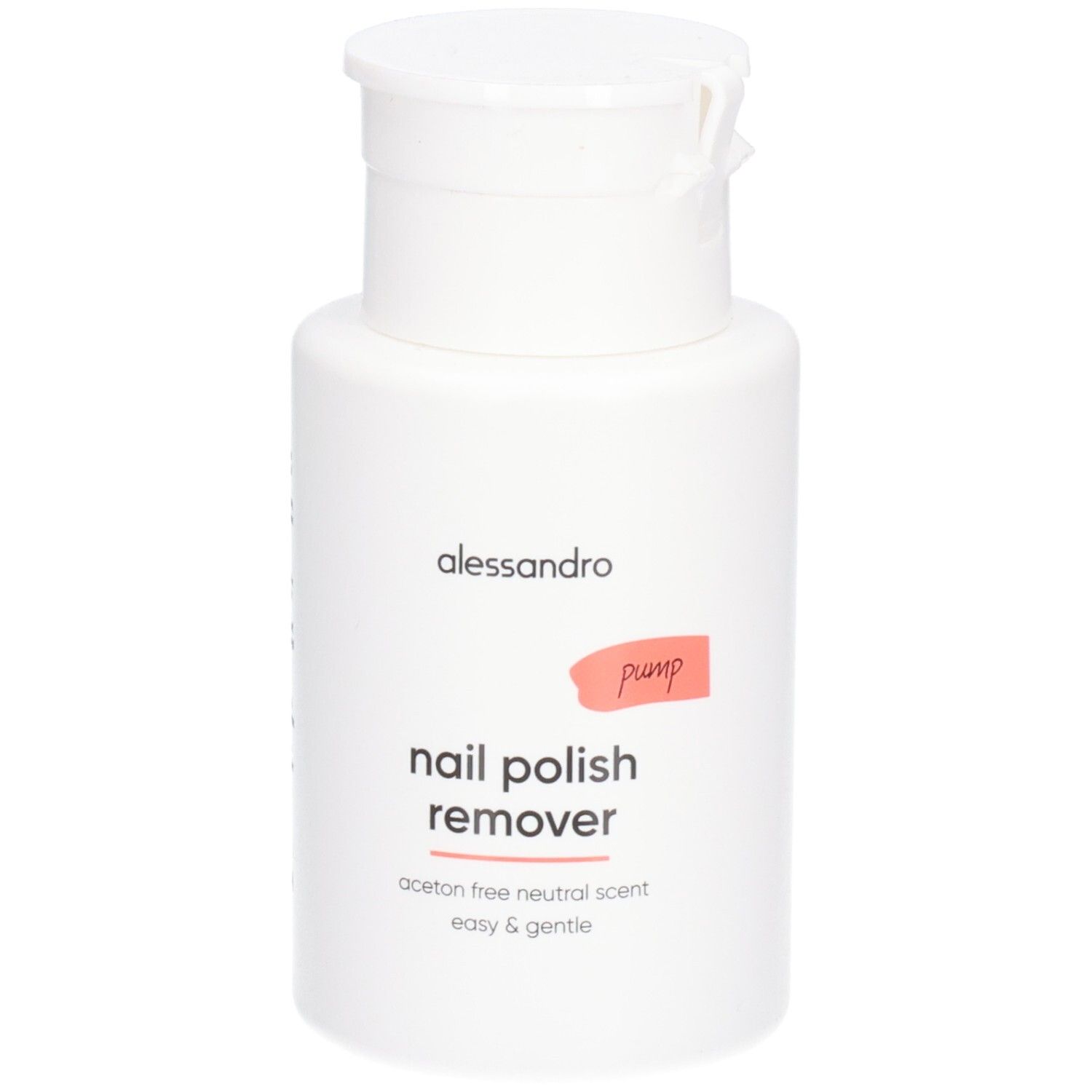 Flacon blanc avec bouchon rabattable. Inscription: alessandro, nail polish remover, pump. Sans acétone, parfum neutre.