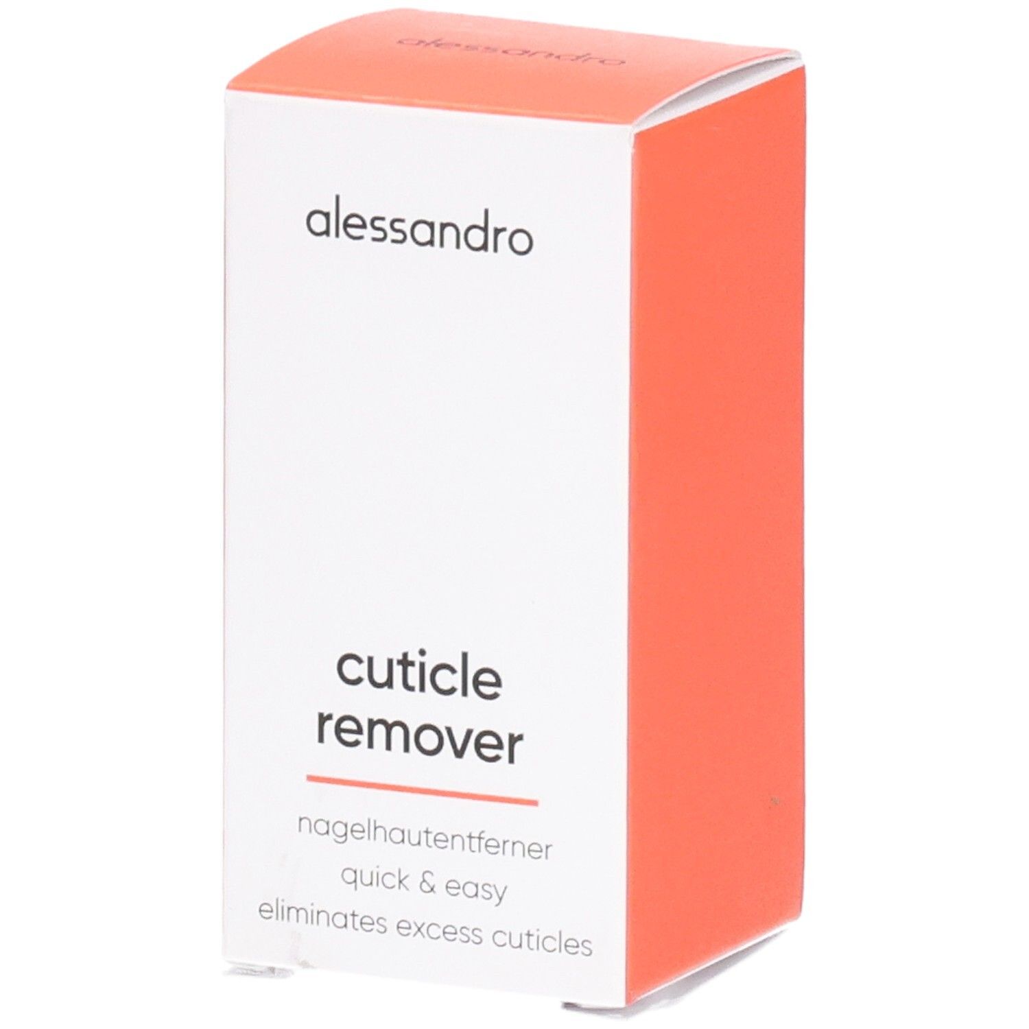 Boîte blanche et orange. Inscription : alessandro, Cuticle Remover, nagelhautentferner, quick & easy, eliminates excess cuticles.