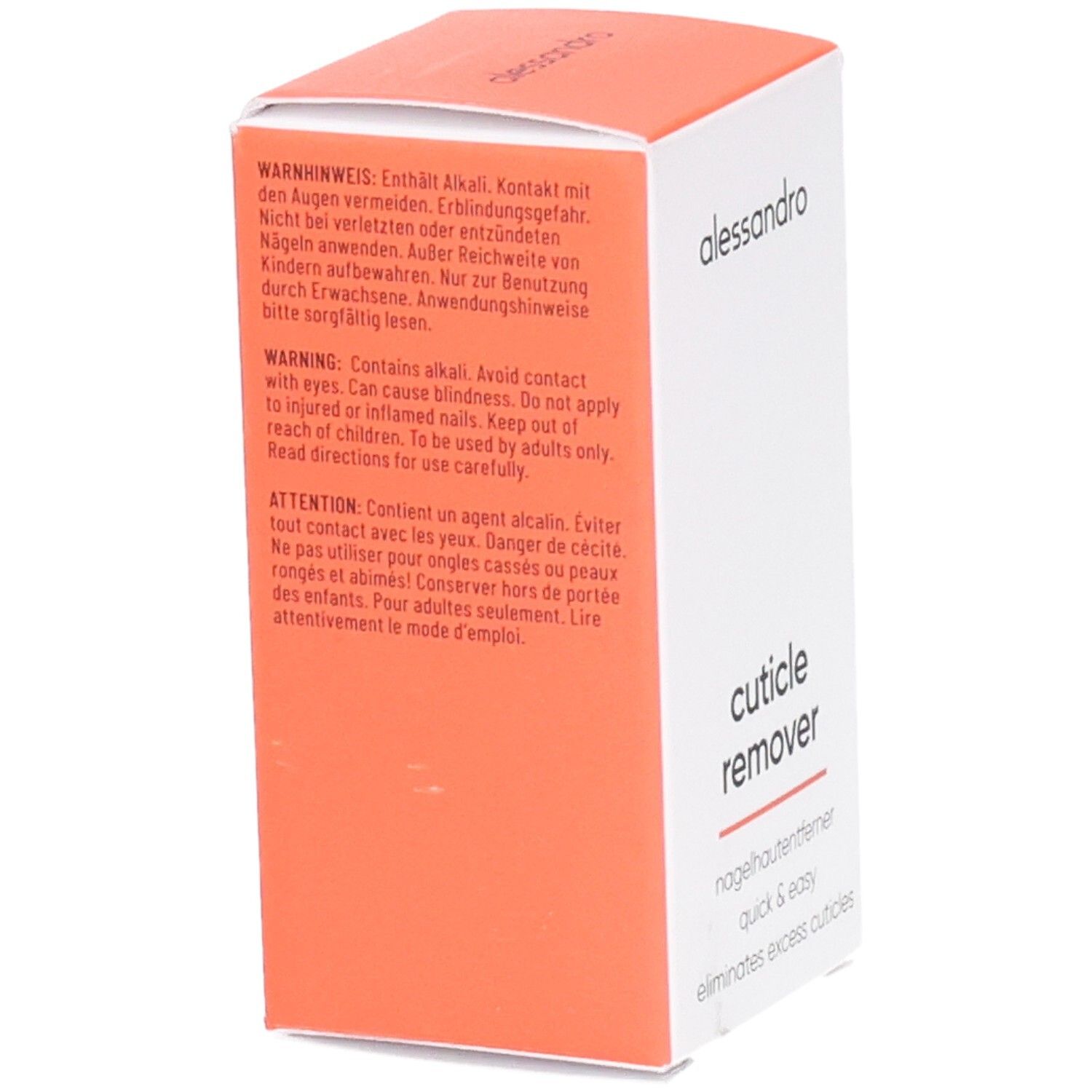 Boîte blanche et orange. Inscription : alessandro, Cuticle Remover. Mises en garde en allemand et en anglais.