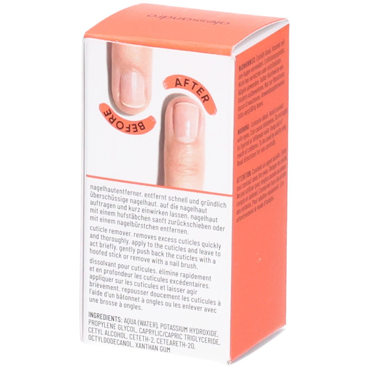 Boîte blanche et orange. Illustration : doigts avec effet avant-après. Texte : nagelhautentferner, ingrédients.