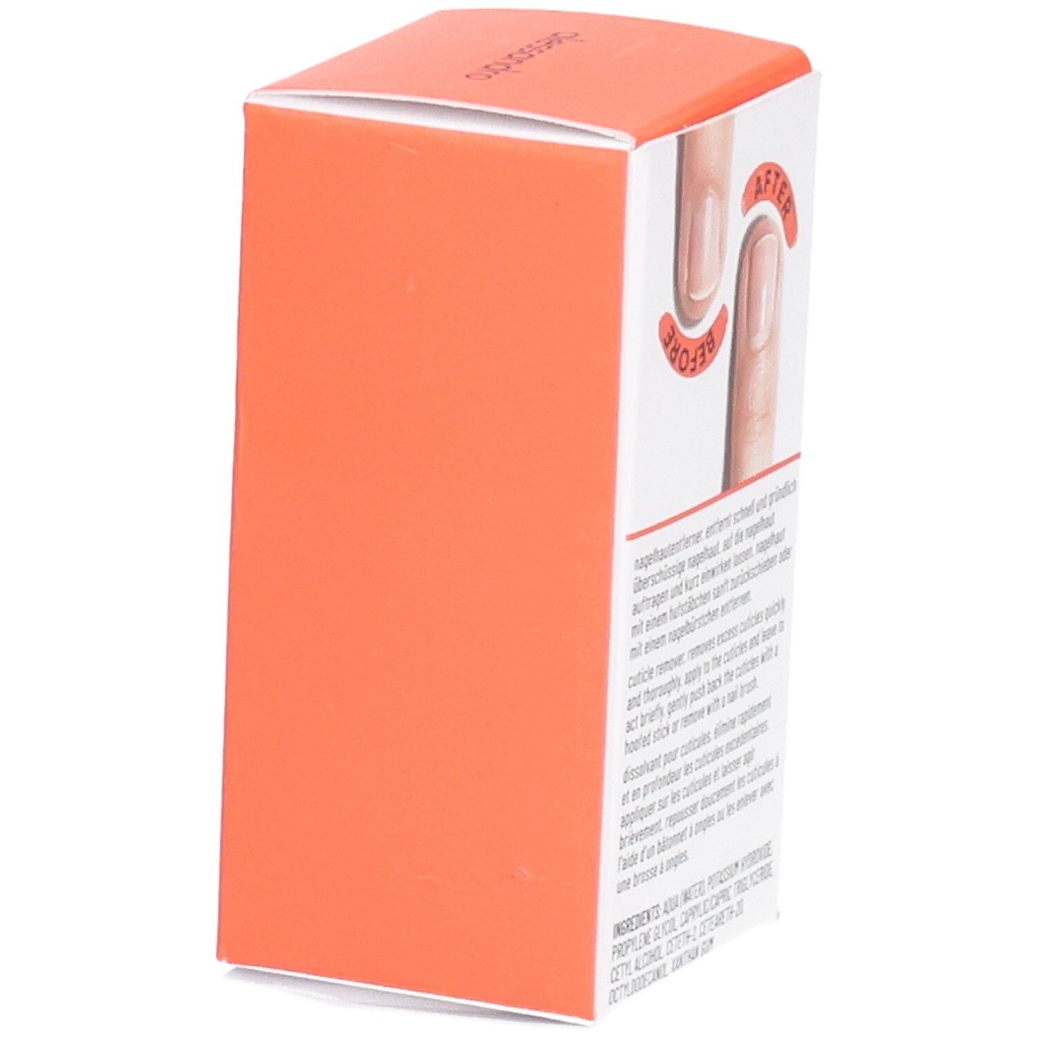 Boîte blanche et orange. Illustration : doigts avec effet avant-après. Texte : nagelhautentferner, ingrédients.