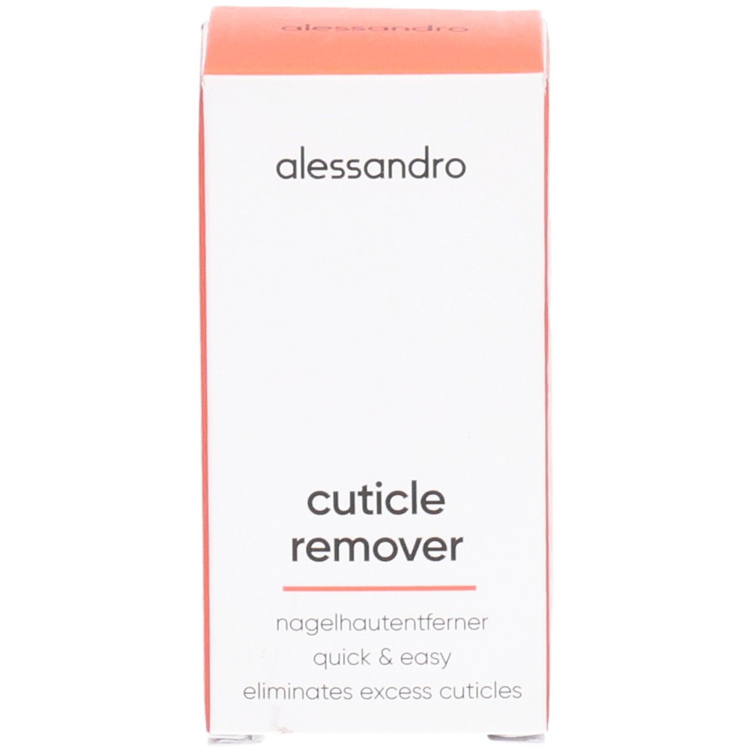 Boîte blanche et orange. Inscription : alessandro, Cuticle Remover, nagelhautentferner, quick & easy, eliminates excess cuticles.