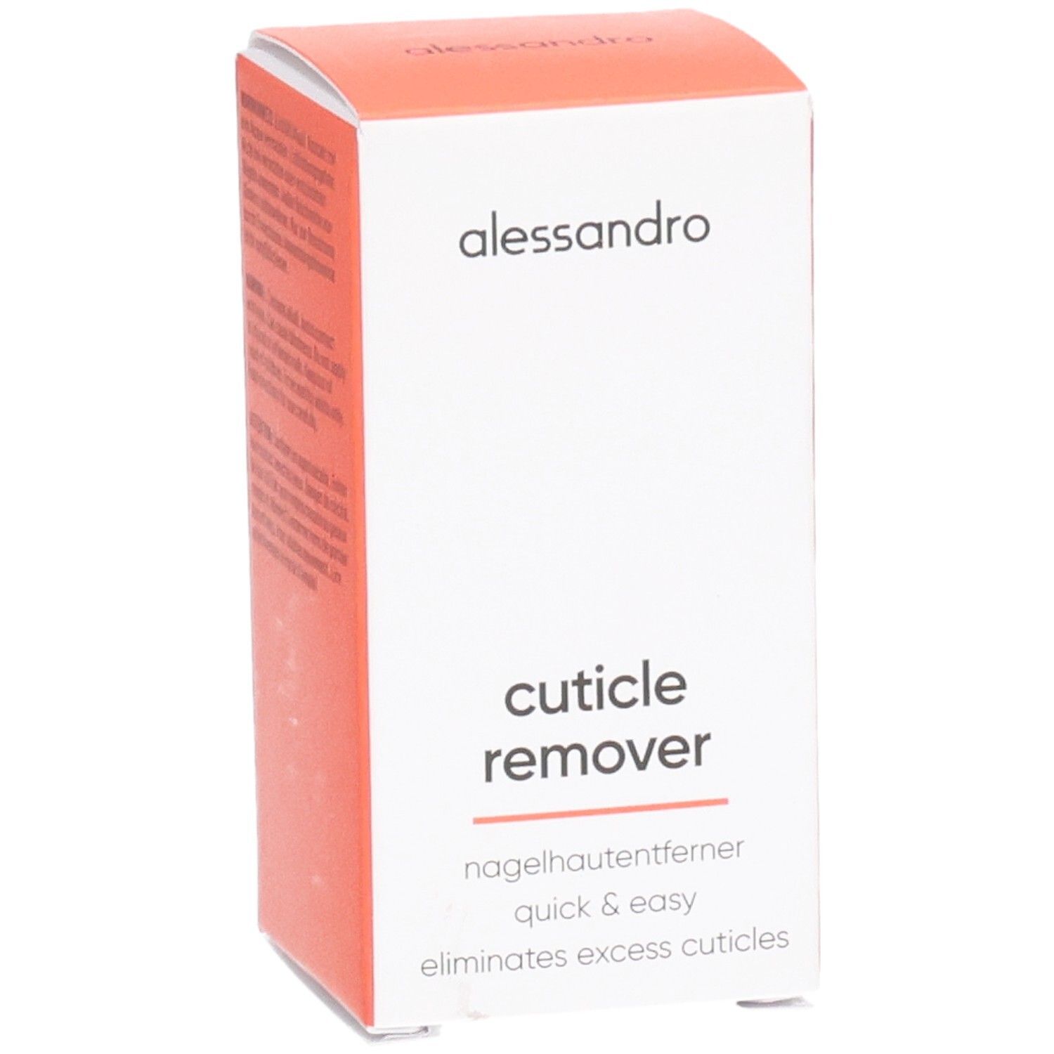 Boîte blanche et orange. Inscription : alessandro, Cuticle Remover, nagelhautentferner, quick & easy, eliminates excess cuticles.