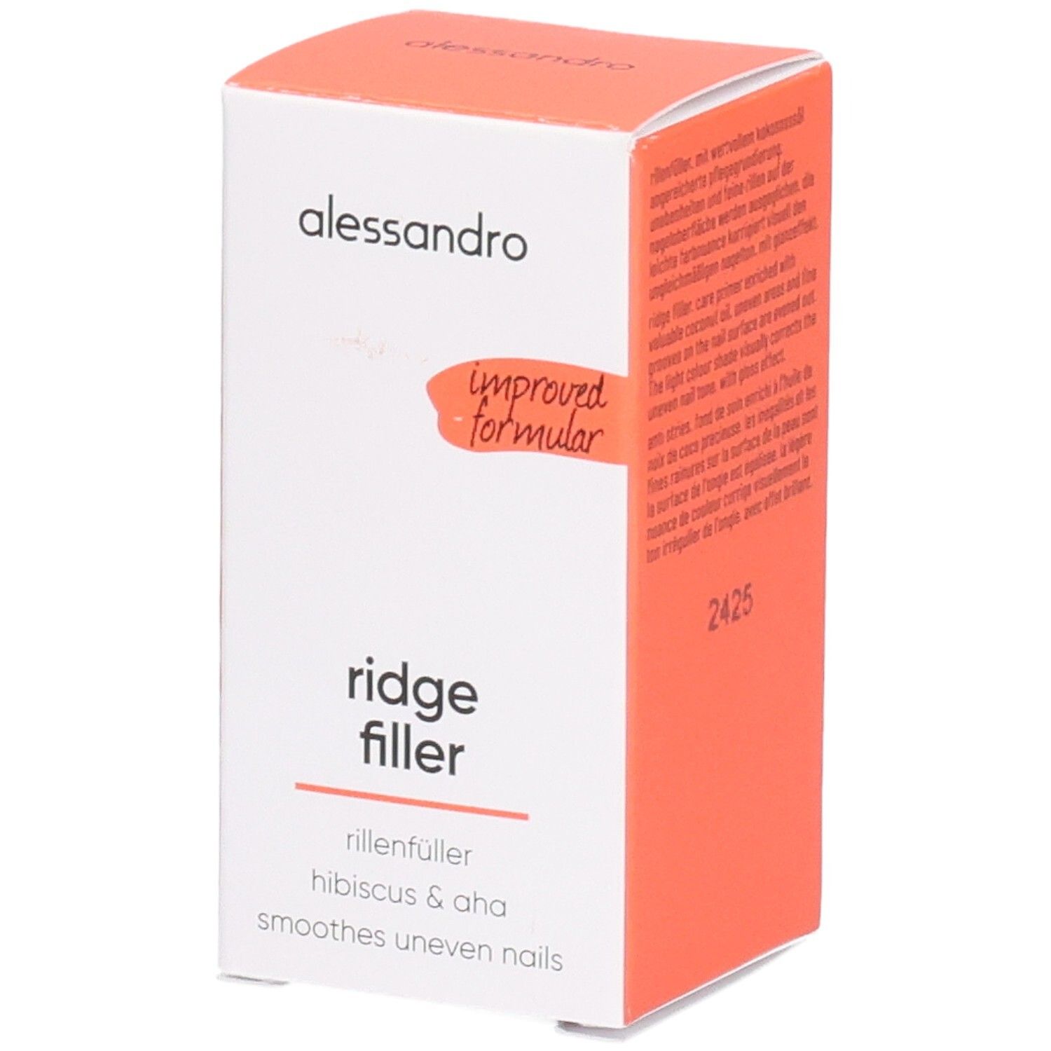Boîte avec "ridge filler". Texte: "rillenfüller hibiscus & aha smoothes uneven nails". Accent orange. Marque alessandro.