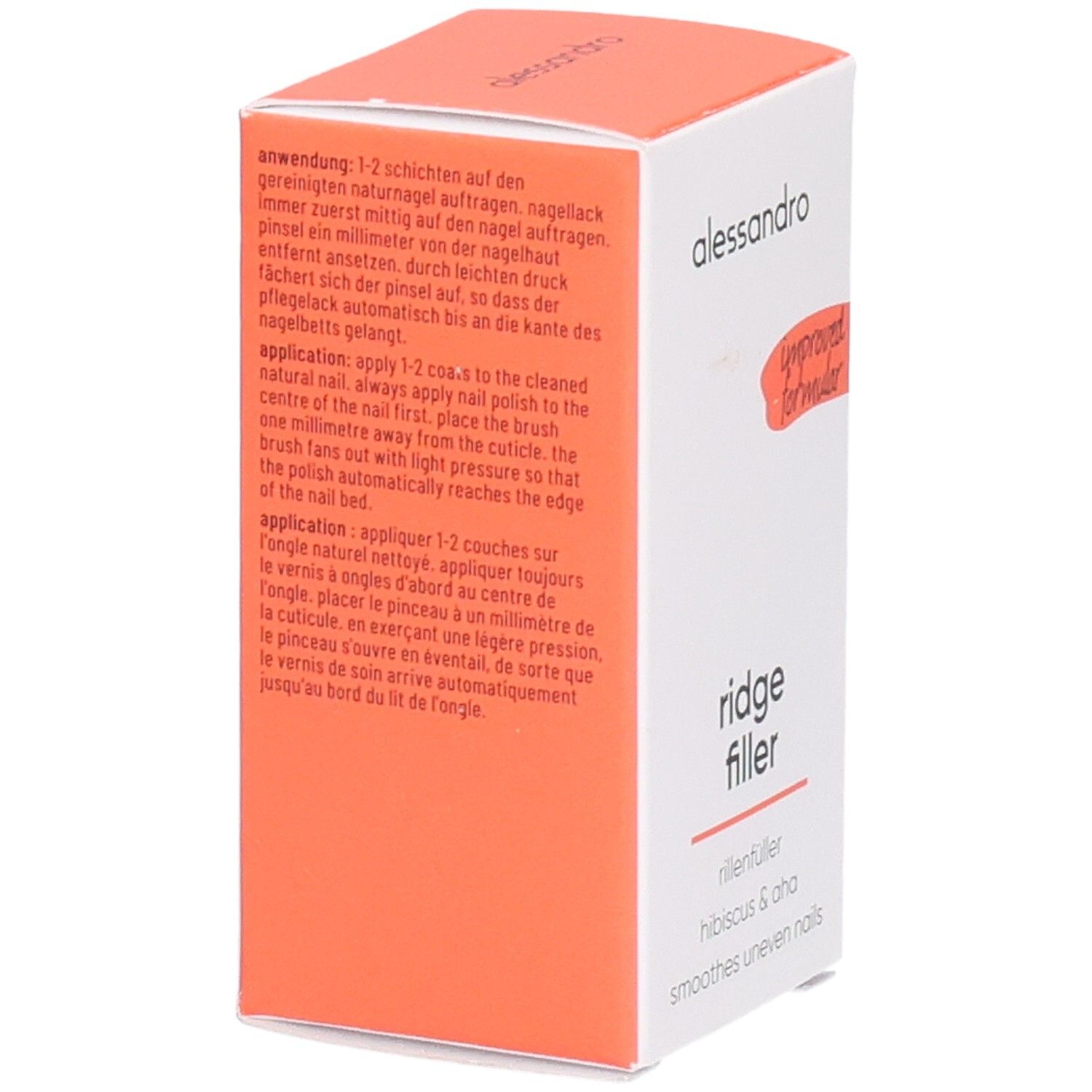 Boîte avec "ridge filler". Texte et instructions en allemand, anglais et français. Accent orange. Marque alessandro.