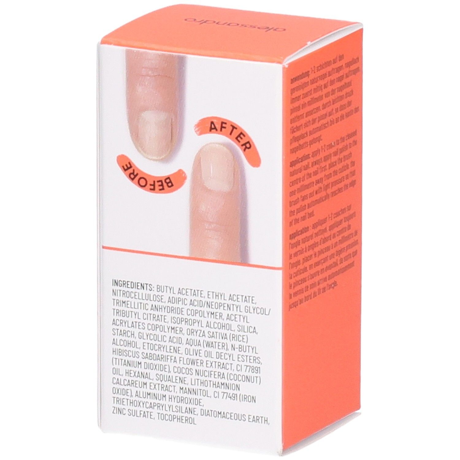 Boîte avec "ridge filler". Comparaison avant-après des ongles. Ingrédients listés. Accent orange. Marque alessandro.