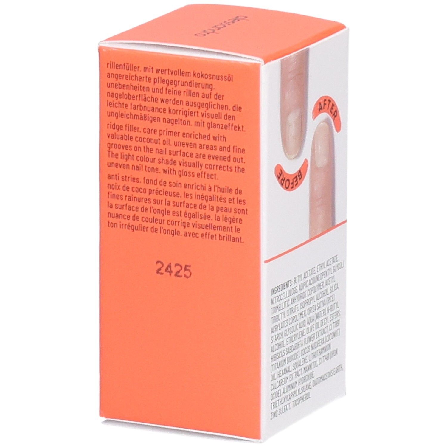 Boîte avec "ridge filler". Comparaison avant-après des ongles. Texte en allemand et anglais. Accent orange. Marque alessandro.