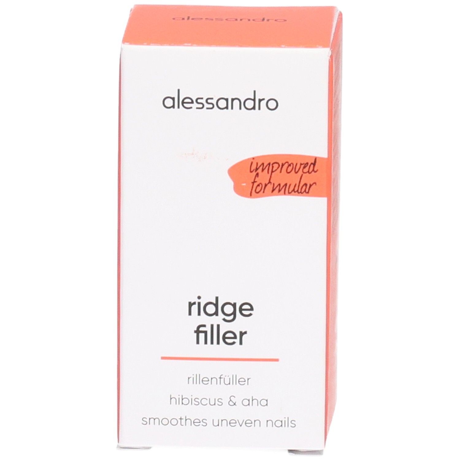 Boîte avec "ridge filler". Texte: "rillenfüller hibiscus & aha smoothes uneven nails". Accent orange. Marque alessandro.