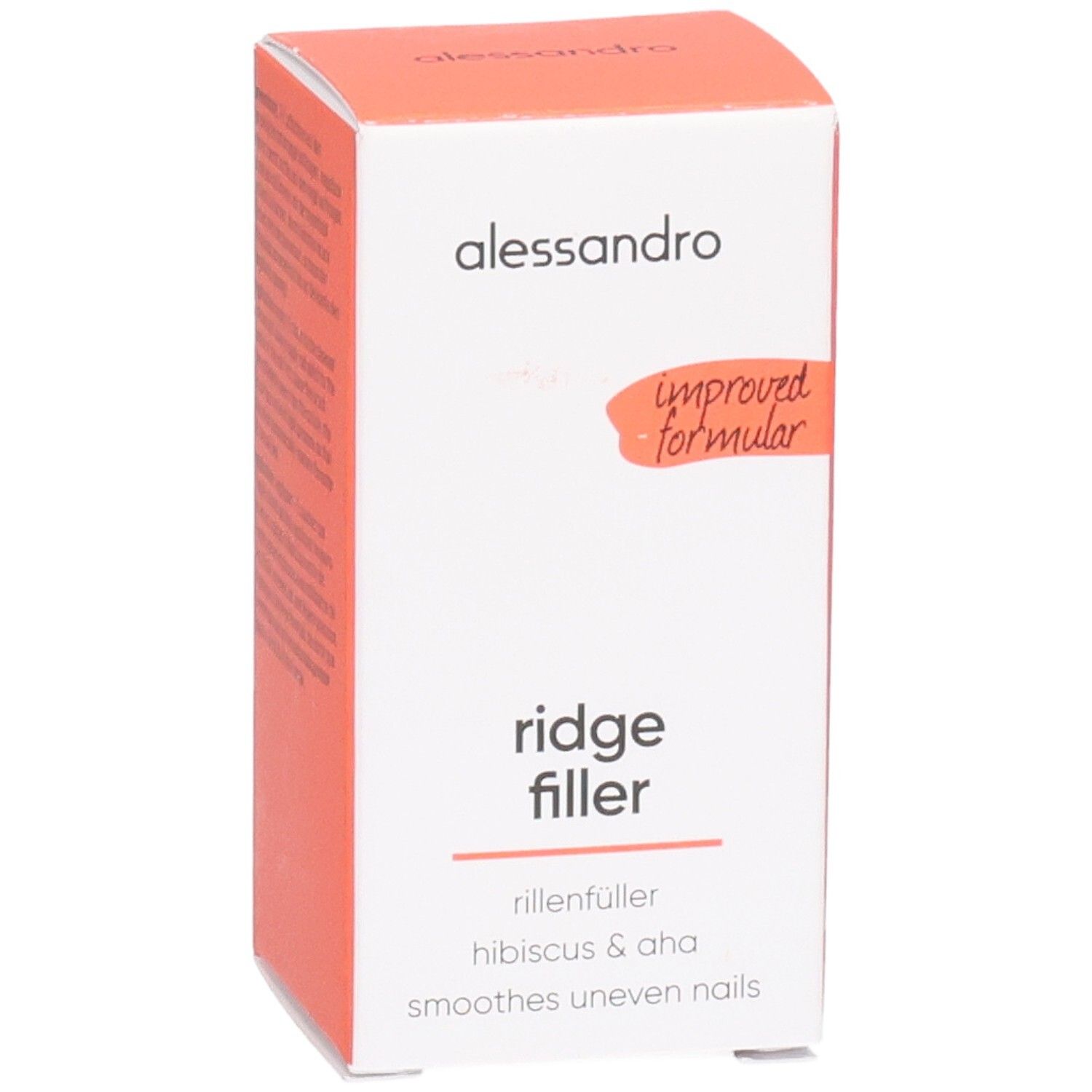 Boîte avec "ridge filler". Texte: "rillenfüller hibiscus & aha smoothes uneven nails". Accent orange. Marque alessandro.