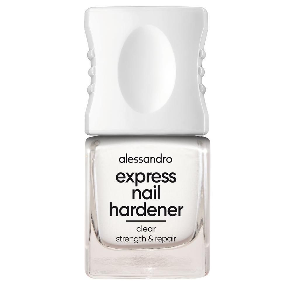 Flacon de durcisseur pour ongles transparent avec bouchon blanc. Inscription: alessandro express nail hardener clear strength & repair.