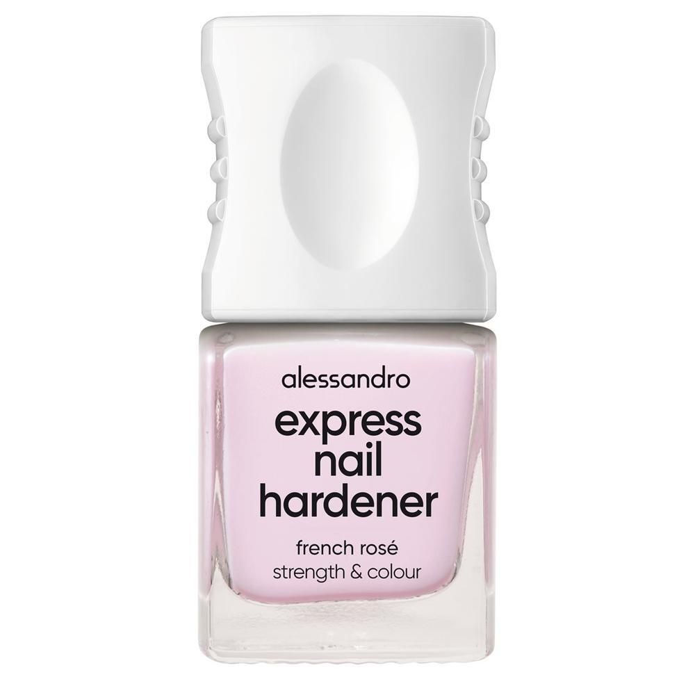 Flacon de durcisseur pour ongles avec bouchon blanc. Liquide rose visible. Inscription : alessandro, express nail hardener, french rose, strength & colour.