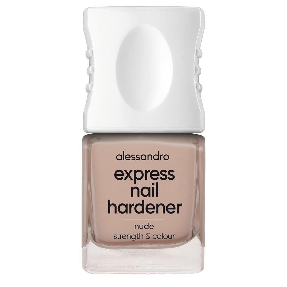 Durcisseur pour ongles Alessandro Express Nail Hardener Nude, flacon en verre carré, bouchon blanc.