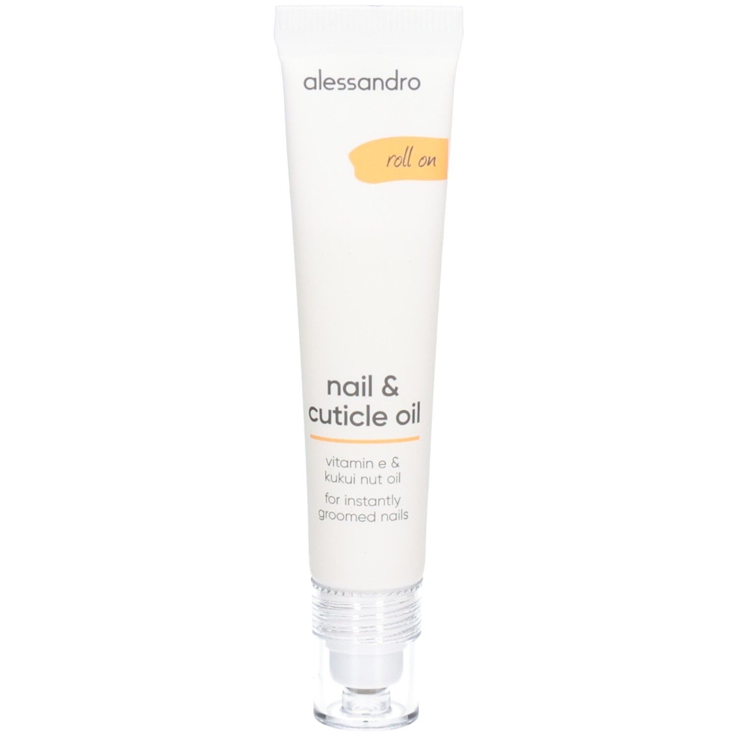 Tube blanche et orange avec applicateur roll-on. Inscription : alessandro, roll on, nail & cuticle oil, vitamin e & kukui nut oil.