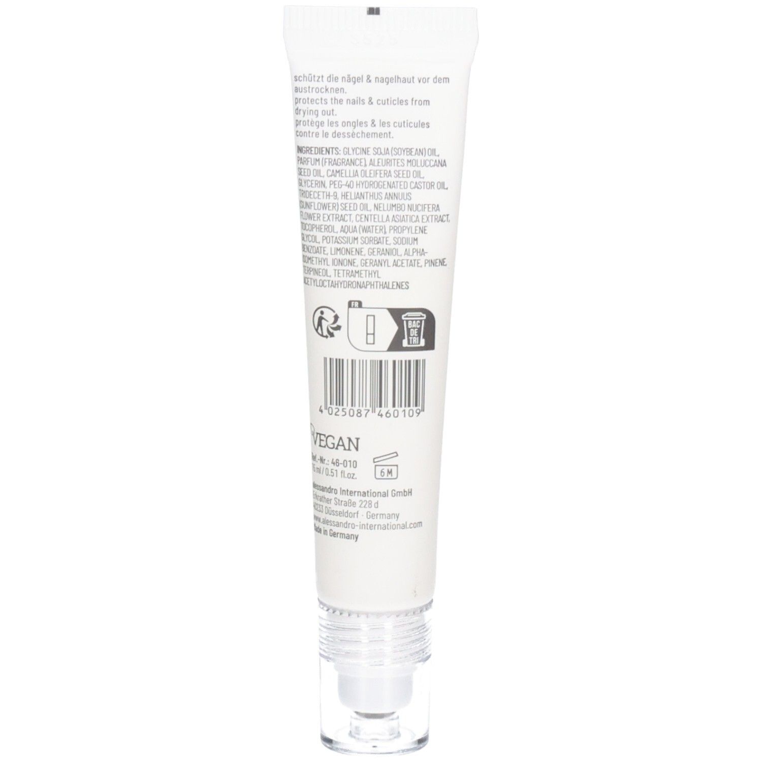 Tube blanc avec applicateur roll-on. Dos avec texte et code-barres. Inscription : vegan.