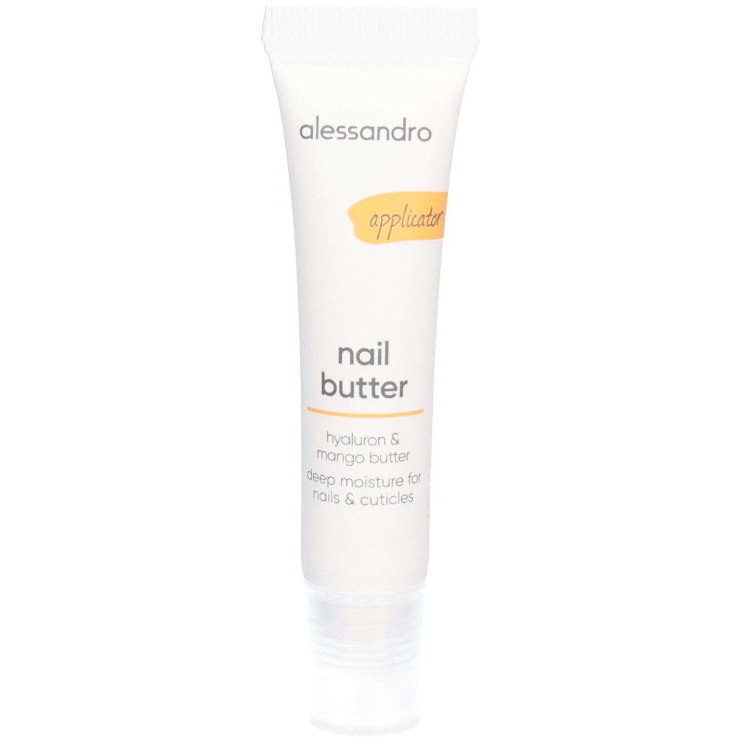 Tube blanche avec inscription 'alessandro' et 'nail butter'. Marque jaune. Produit pour ongles et cuticules.