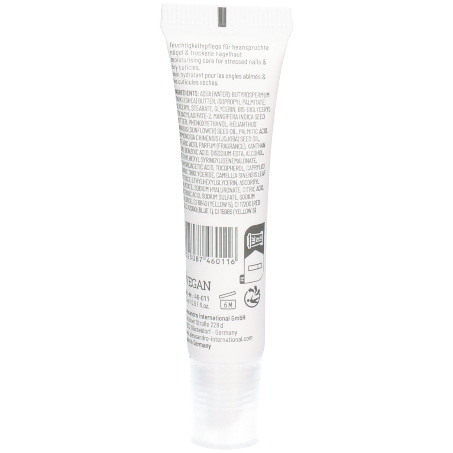 Tube blanc avec texte et code-barres. Contient ingrédients et informations. Logo vegan.