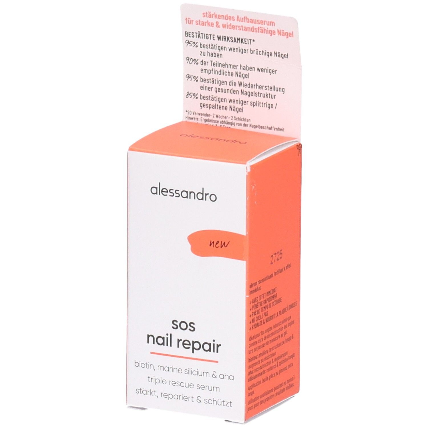 Boîte blanche et orange. Inscription : alessandro, SOS Nail Repair. Contient des informations sur la réparation des ongles.