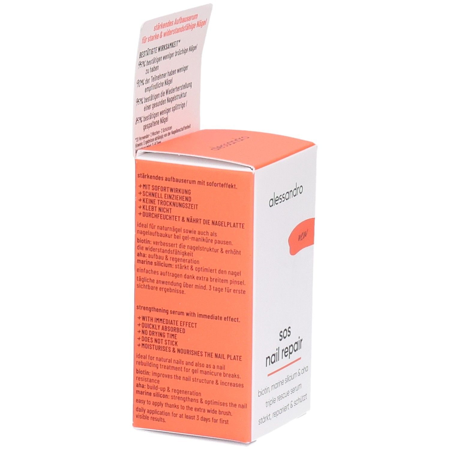 Boîte blanche et orange. Inscription : alessandro, SOS Nail Repair. Contient des informations sur la réparation des ongles.