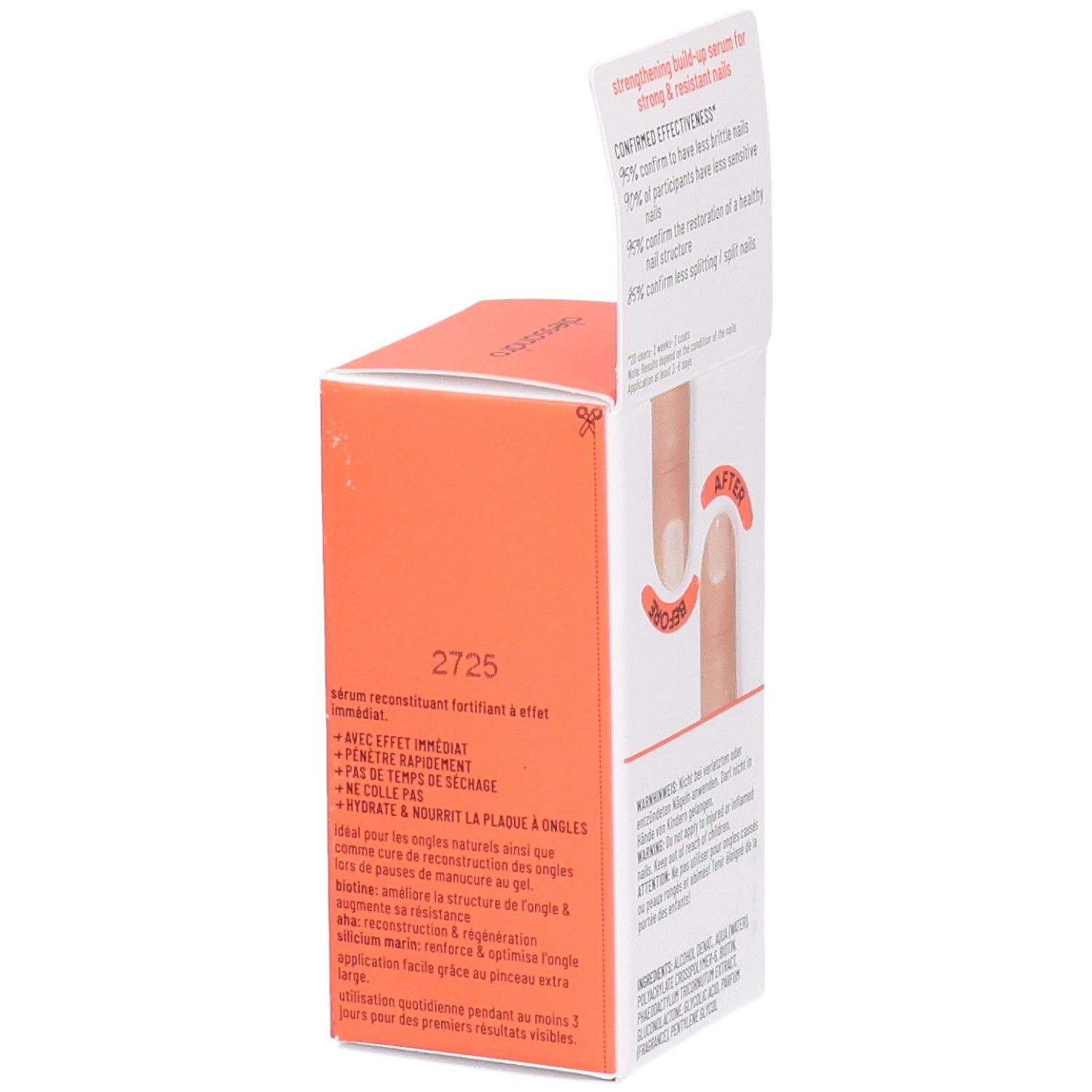 Boîte blanche et orange. Inscription : alessandro, SOS Nail Repair. Contient des informations sur la réparation des ongles.