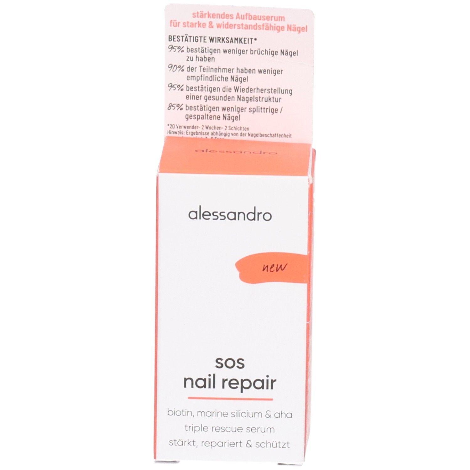Boîte blanche et orange. Inscription : alessandro, SOS Nail Repair. Contient des informations sur la réparation des ongles.