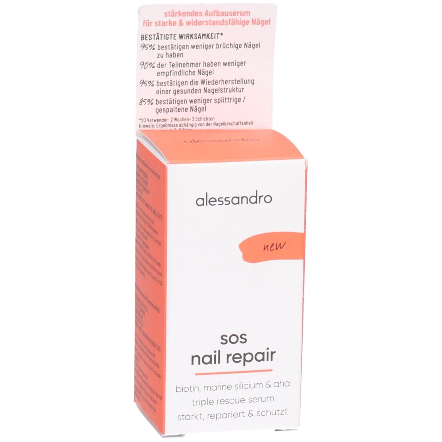 Boîte blanche et orange. Inscription : alessandro, SOS Nail Repair. Contient des informations sur la réparation des ongles.