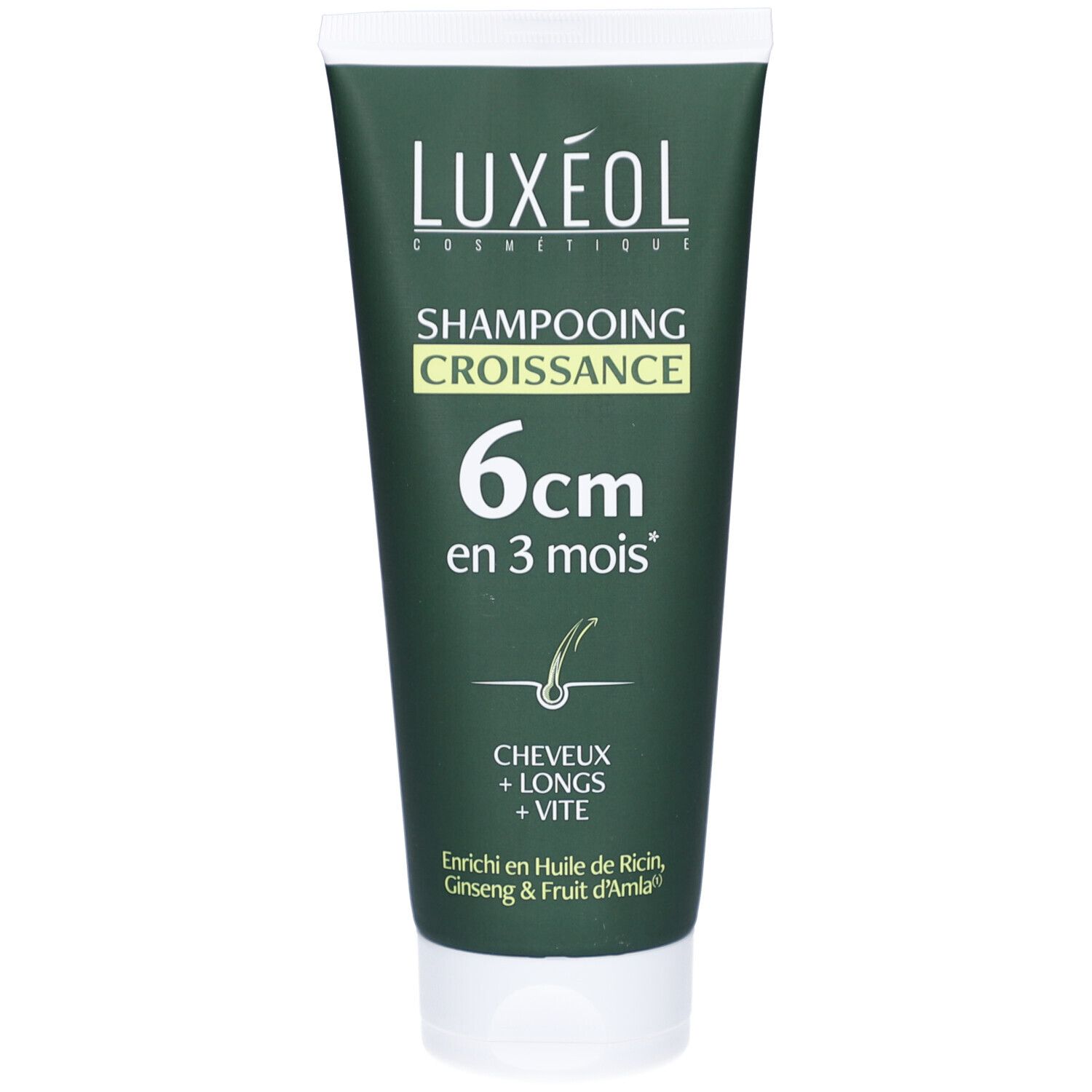 Tube vert avec bouchon blanc. Inscription LUXEOL, Shampooing Croissance, 6cm en 3 mois. Contient huile, ginseng & Amla.