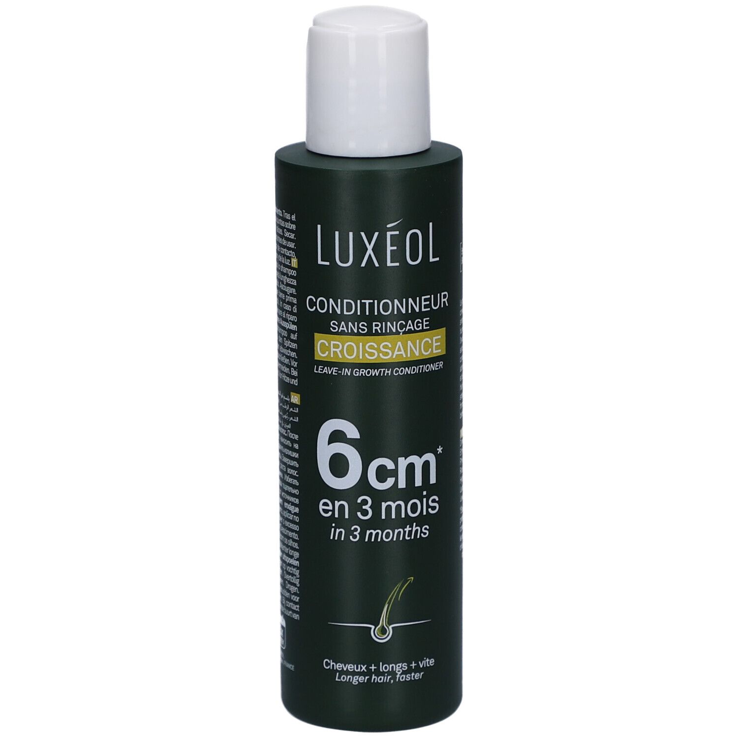Flacon vert LUXEOL, bouchon blanc. Inscription: Conditionneur sans rinçage, Croissance, 6 cm en 3 mois.