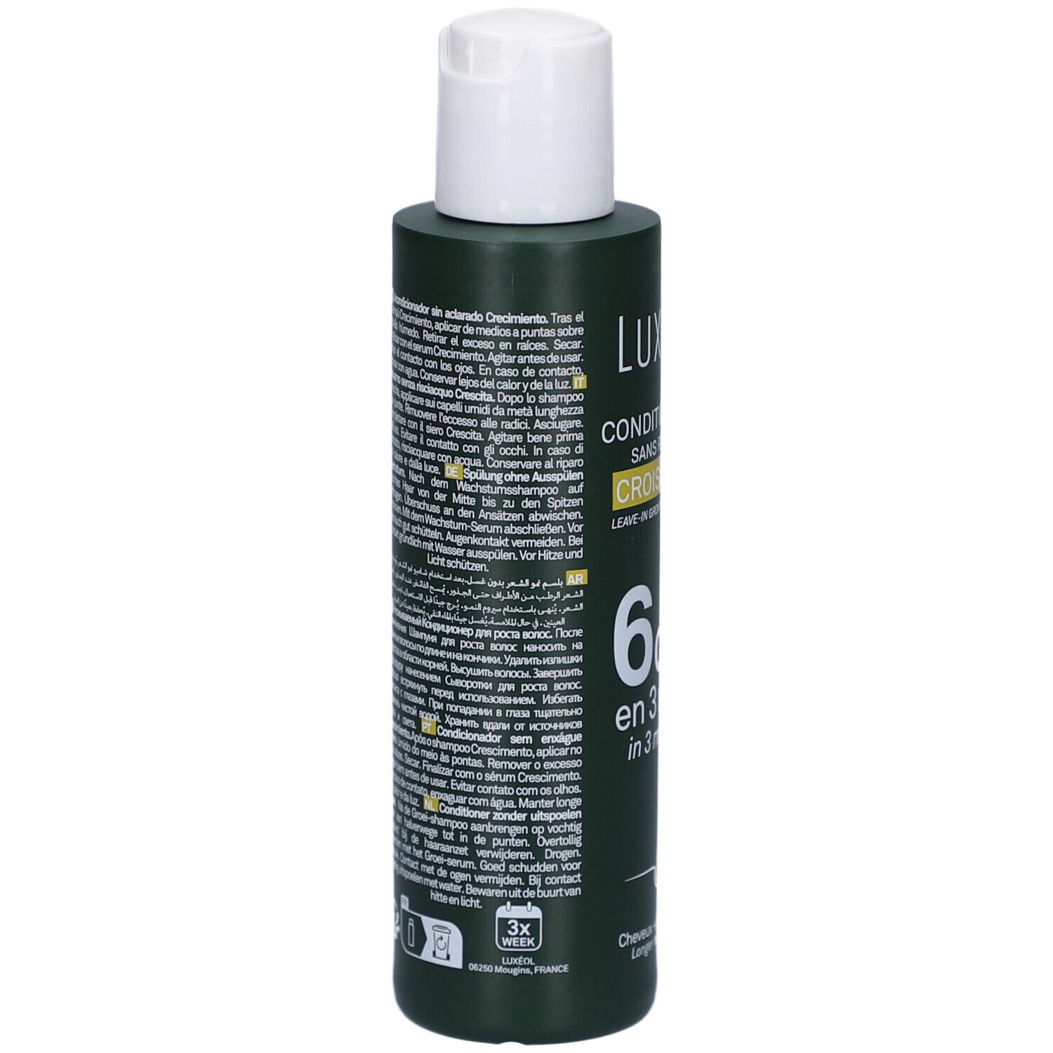 Dos du flacon vert LUXEOL. Texte multilingue. Contient des informations sur le produit et son utilisation.