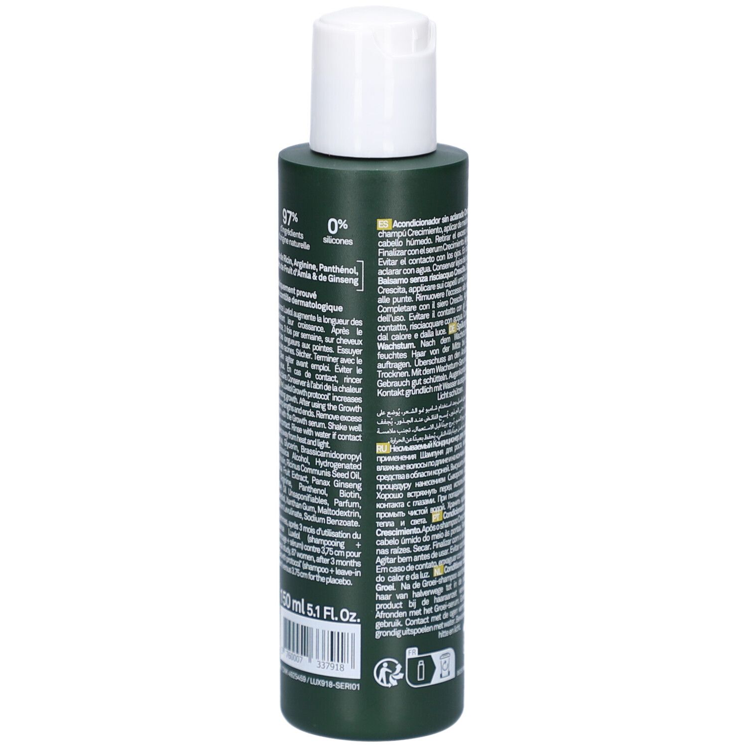Dos du flacon vert LUXEOL. Contient des informations sur les ingrédients, 97% d'origine naturelle, 0% de silicones.