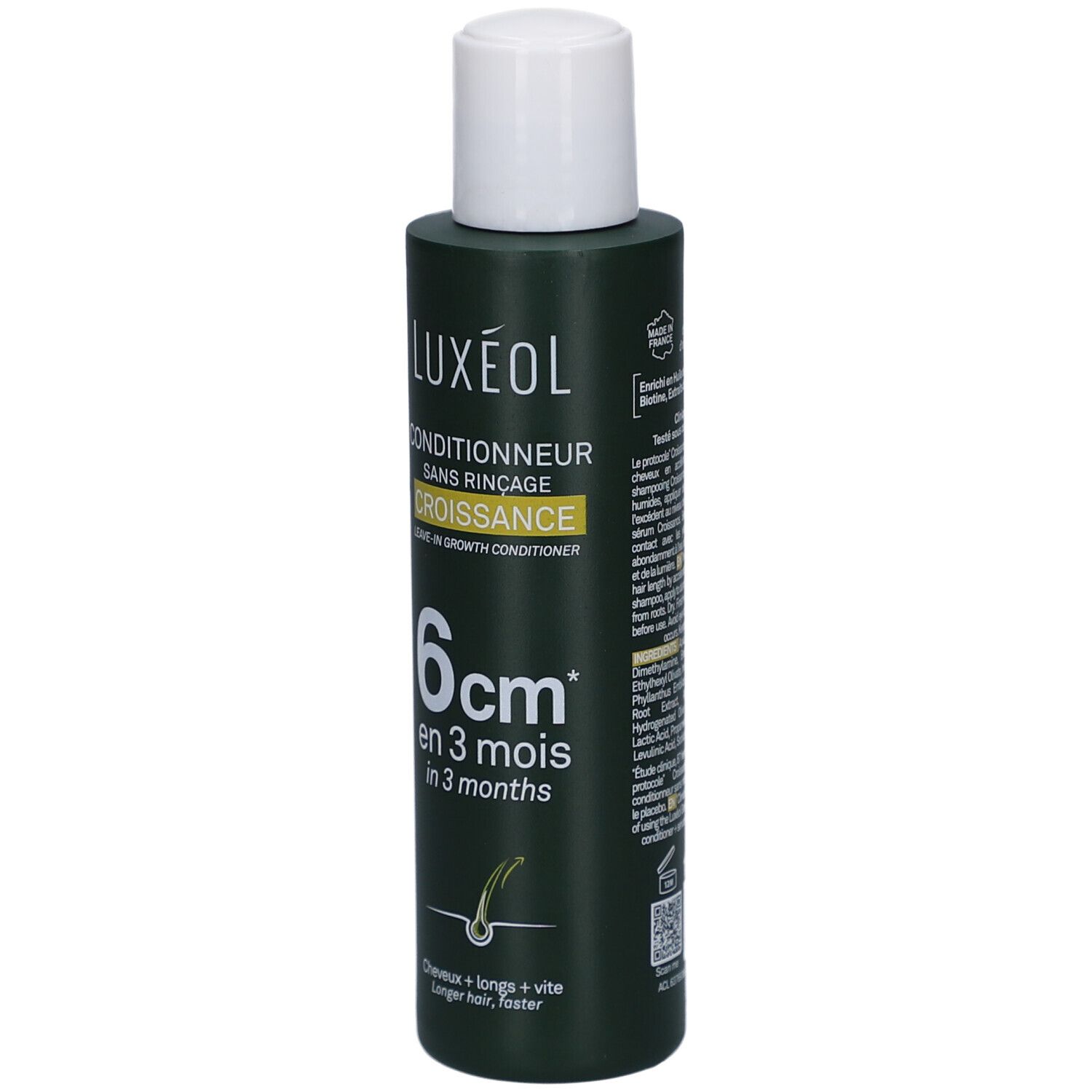 Flacon vert LUXEOL, bouchon blanc. Inscription: Conditionneur sans rinçage, Croissance, 6 cm en 3 mois.