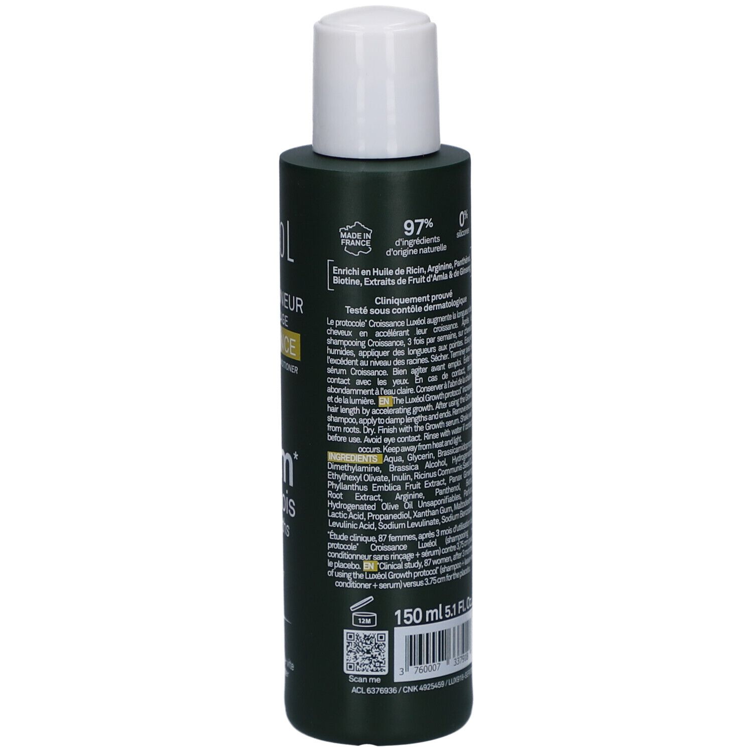 Dos du flacon vert LUXEOL. Contient des informations sur les ingrédients, 97% d'origine naturelle, 0% de silicones.
