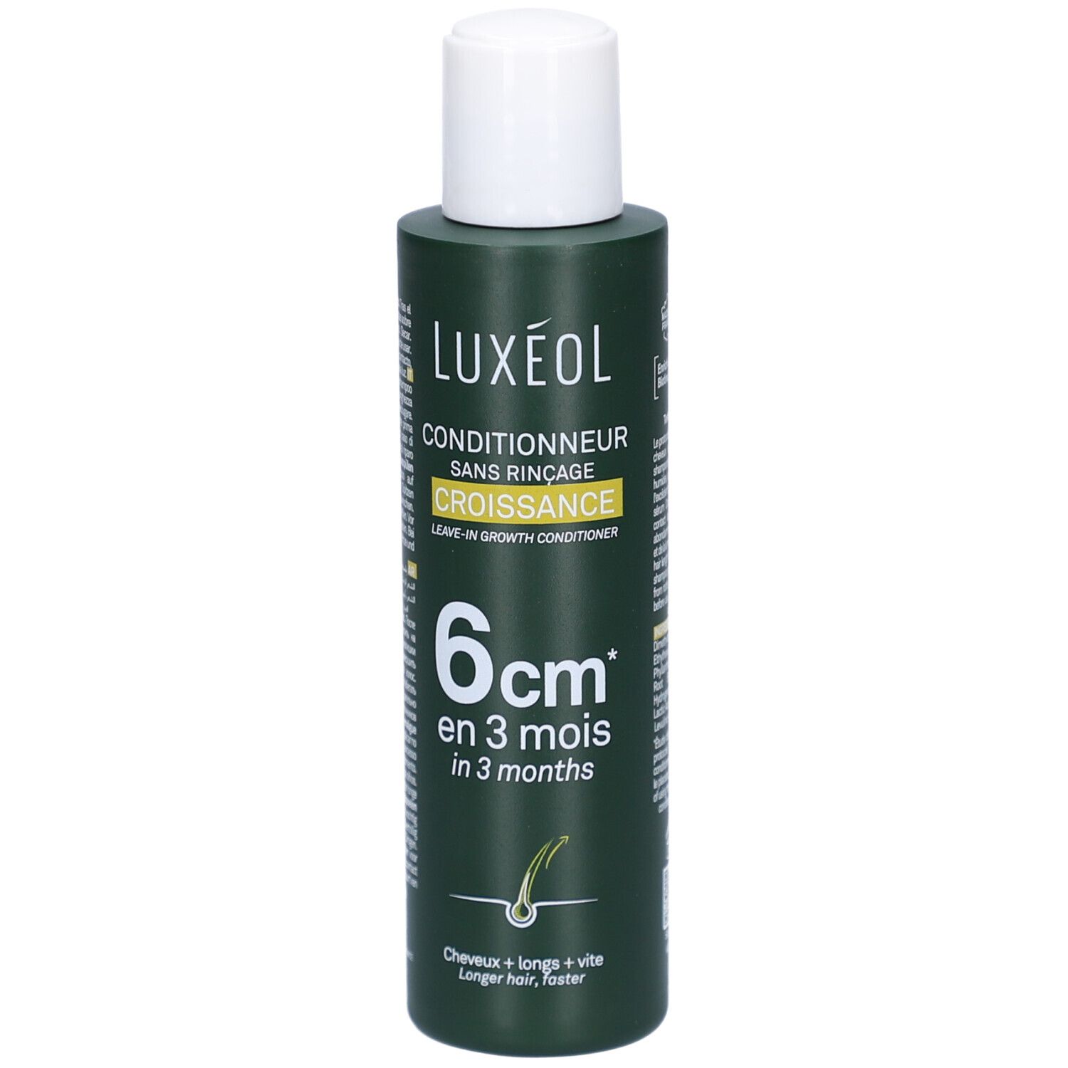 Flacon vert LUXEOL, bouchon blanc. Inscription: Conditionneur sans rinçage, Croissance, 6 cm en 3 mois.