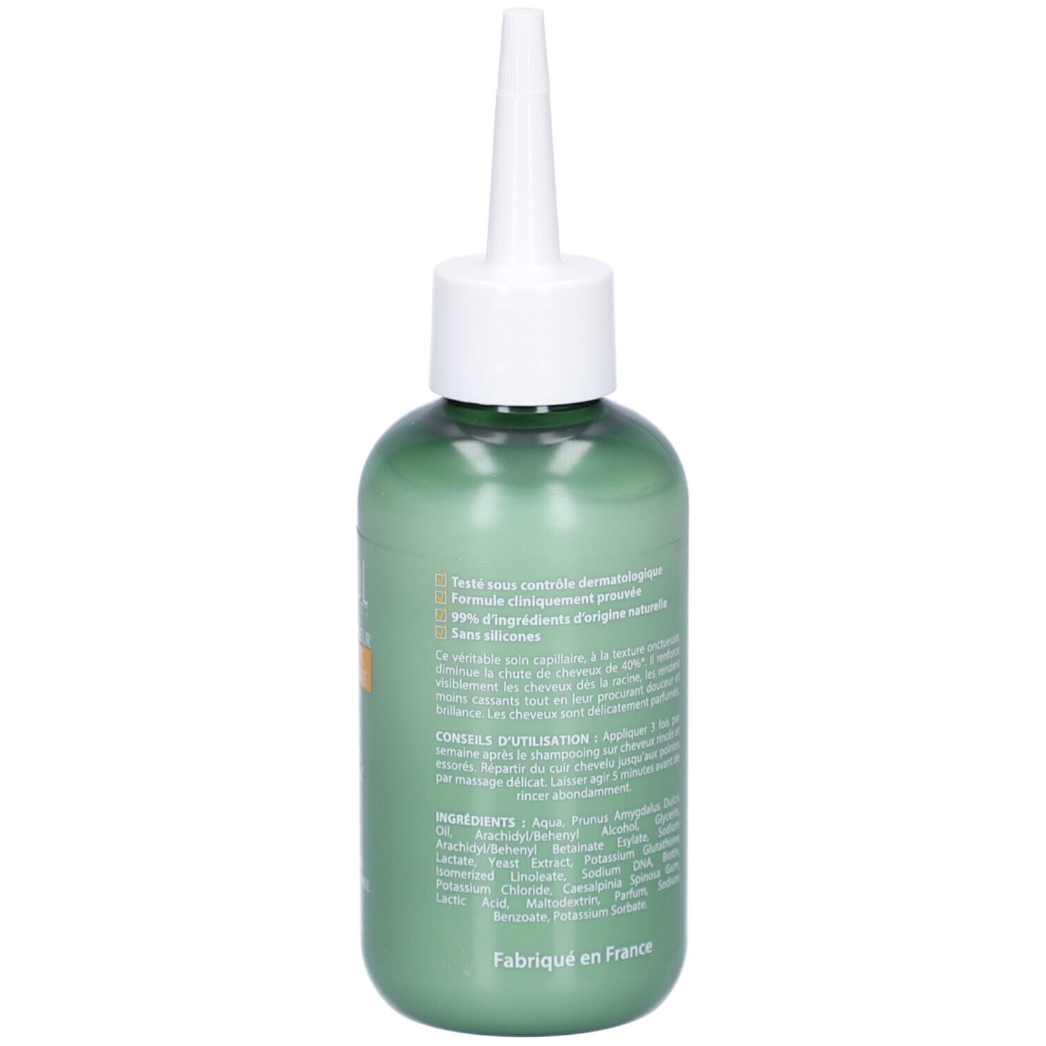 Dos du flacon vert avec applicateur blanc. Texte, ingrédients et lieu de fabrication. Logo de matériau recyclable.