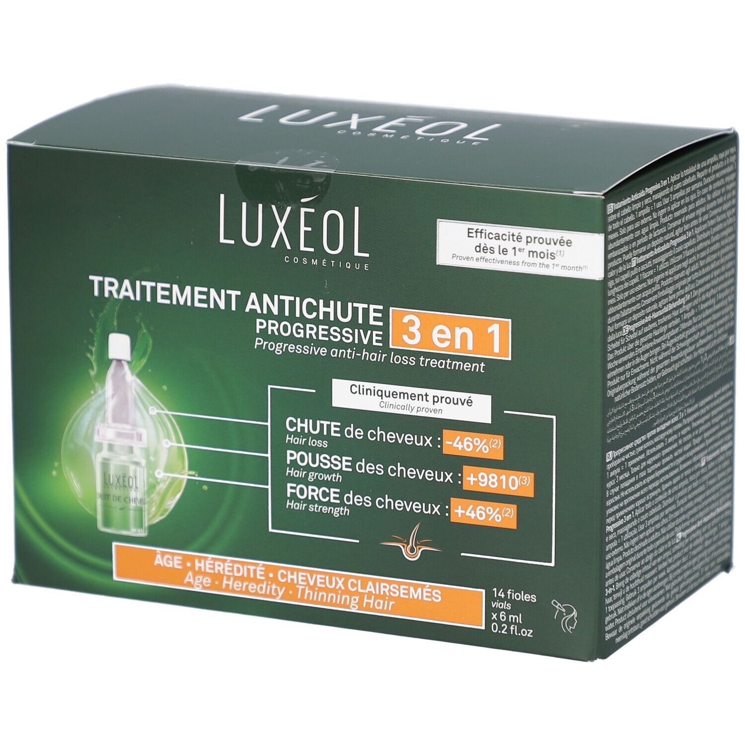 Boîte verte LUXEOL. Traitement antichute 3 en 1. Contient 14 flacons. Efficacité prouvée. Réduit la chute, favorise la croissance des cheveux.